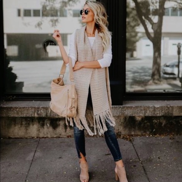 Haute Ellie Sweaters - Rumi- Angora oatmeal fringe cardigan vest